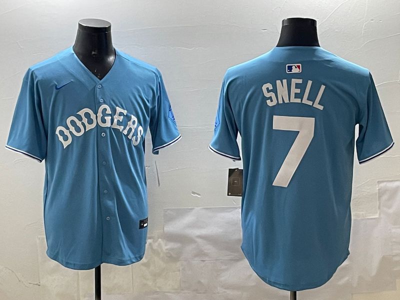 Men Los Angeles Dodgers 7 Snell Light Blue Joint Name 2025 Nike MLB Jersey style 1